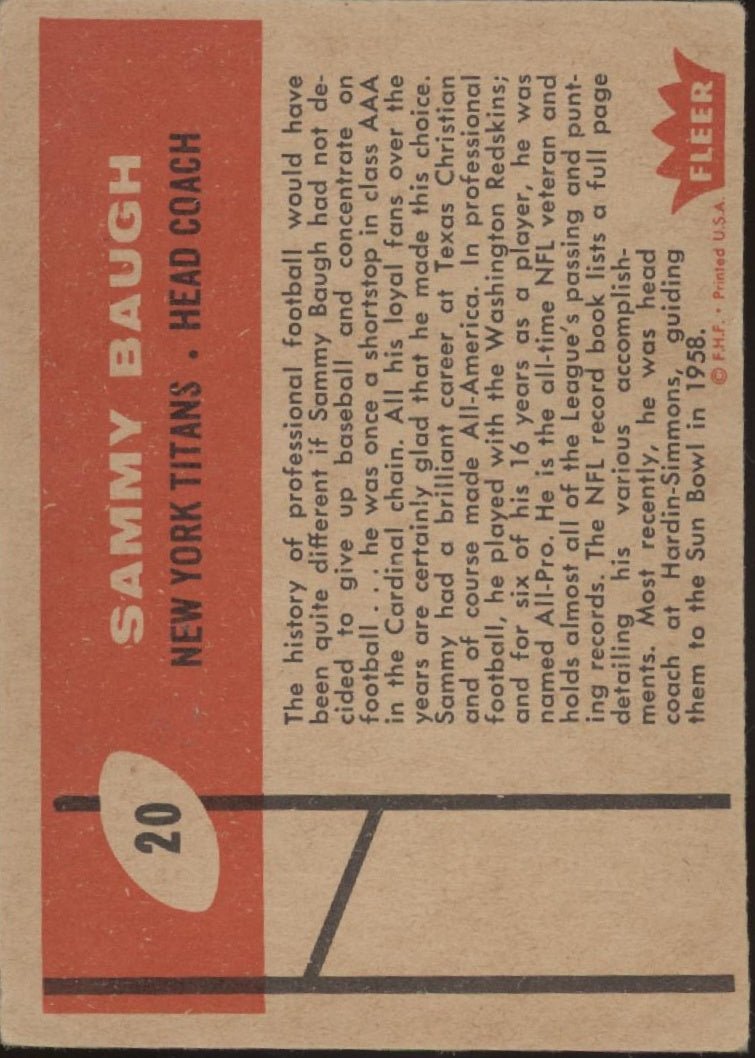 Sammy Baugh 1960 Fleer #20 New York Titans VG - EX - Collector Store LLC