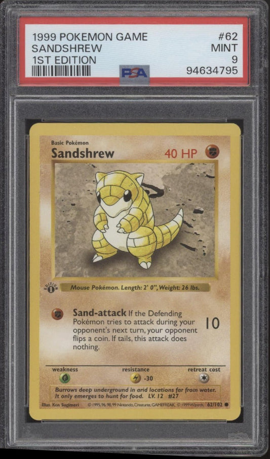 Sandshrew Pokemon Base Set 1st Edition #62 PSA 9 - Collector Store LLC