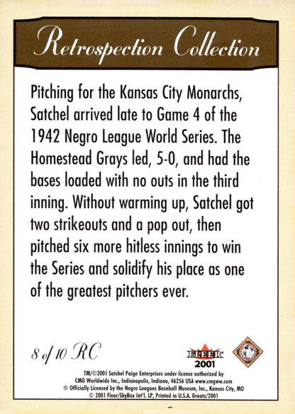 Satchel Paige 2001 Fleer Greats of the Game Retrospection Collection #8 - Collector Store LLC
