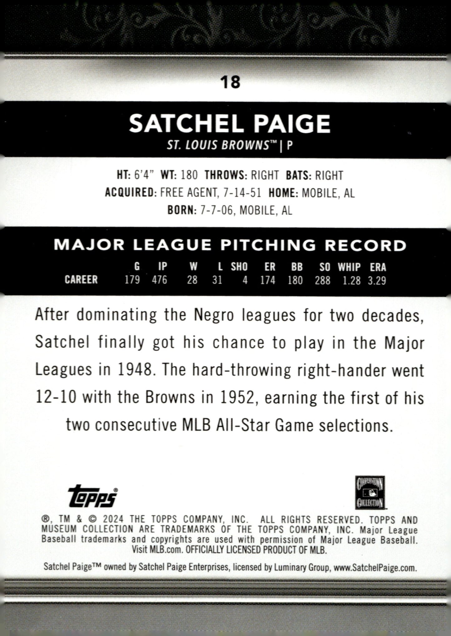 Satchel Paige 2024 Topps Museum Collection #18 - Collector Store LLC