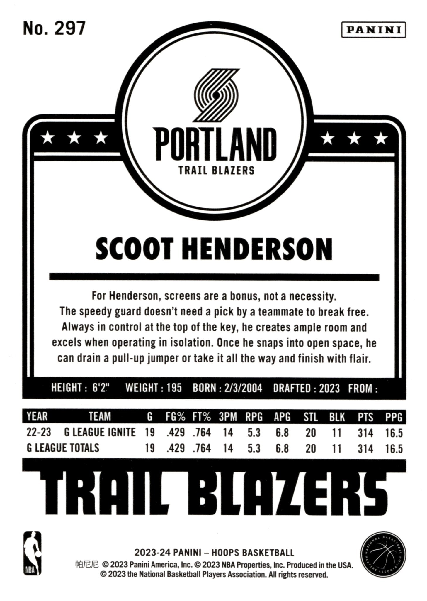 Scoot Henderson 2023 - 24 Panini Hoops RC #297 - Collector Store LLC