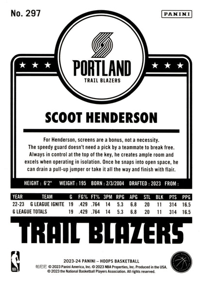 Scoot Henderson 2023 - 24 Panini Hoops RC #297 - Collector Store LLC