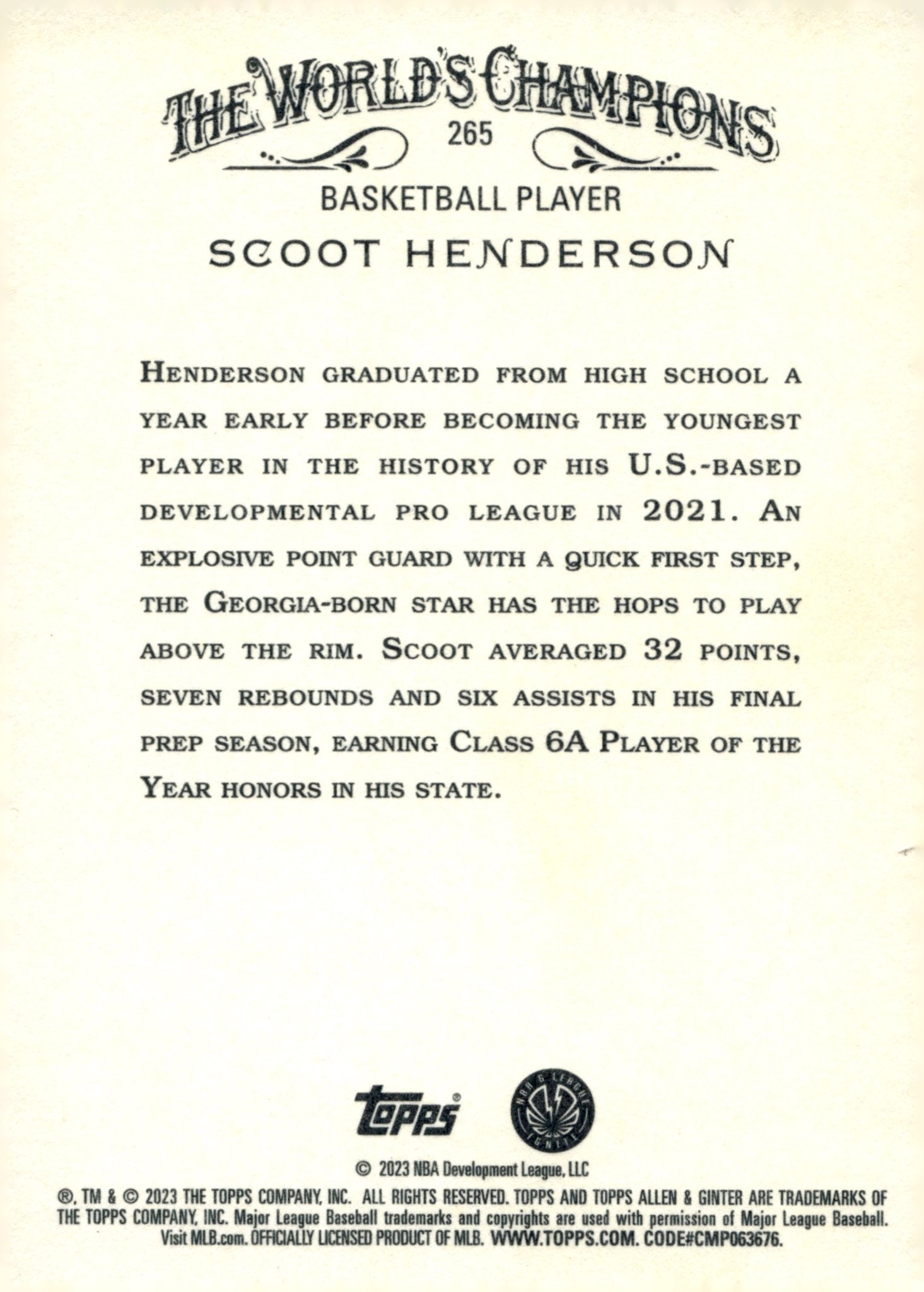 Scoot Henderson 2023 - 24 Topps Allen & Ginter RC #265 #2 - Collector Store LLC