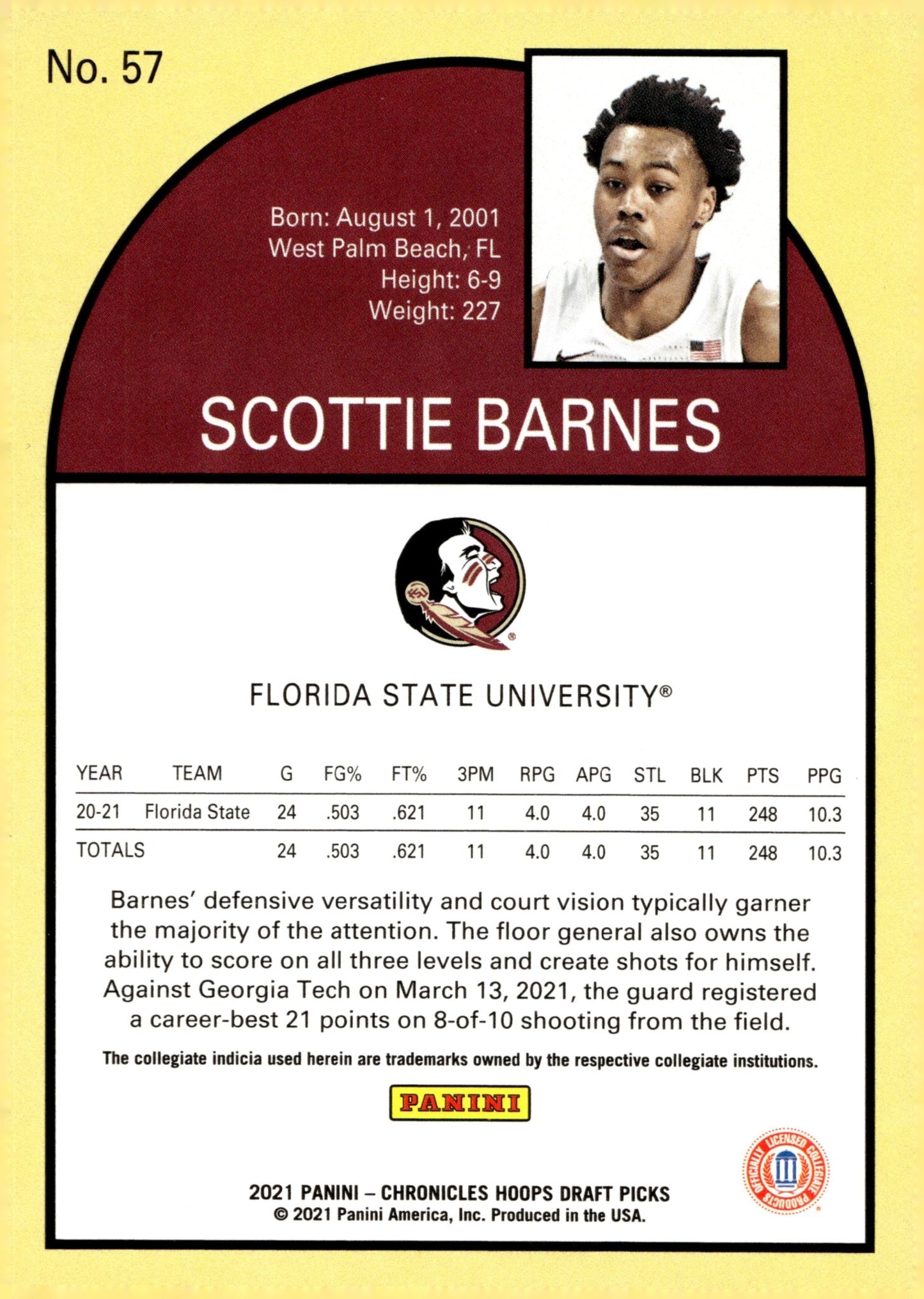Scottie Barnes 2021 Panini Chronicles Hoops Draft Picks RC #57 - Collector Store LLC