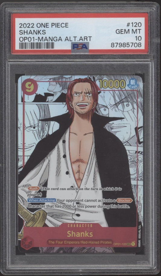 Shanks One Piece Card Game Romance Dawn Manga Alternate Art #120 PSA 10 - Collector Store LLC