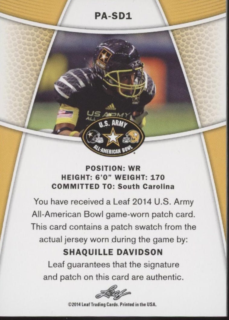 Shaquille Davidson 2014 Leaf US Army All American Bowl Swatch Auto 11/25 #PA - SD1 - Collector Store LLC