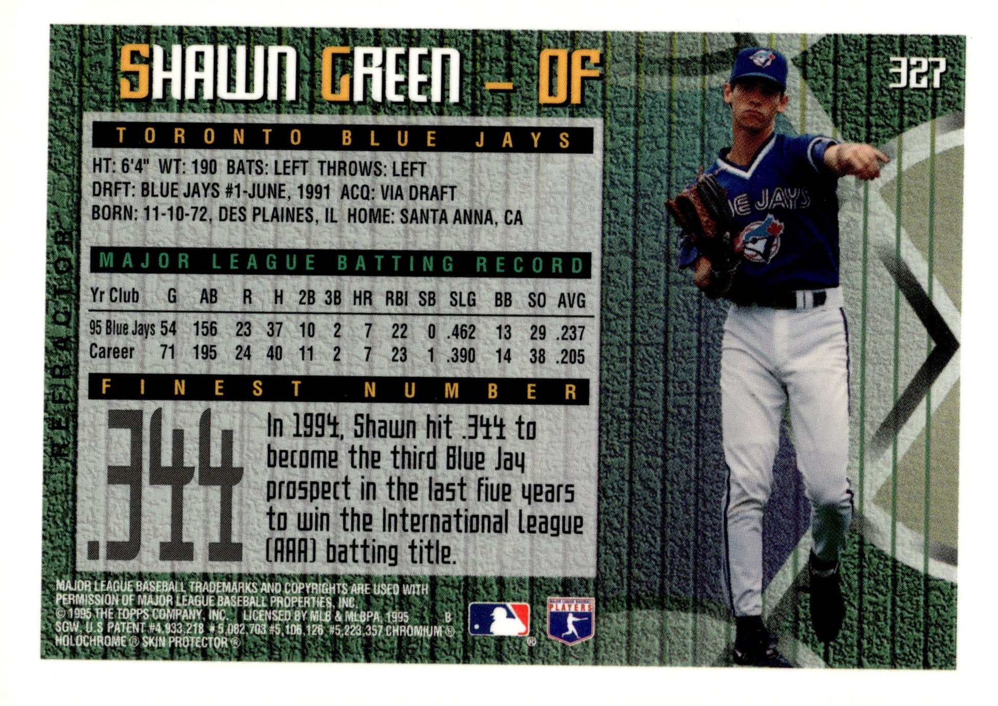 Shawn Green 1995 Topps Finest with Coating #327 - Collector Store LLC