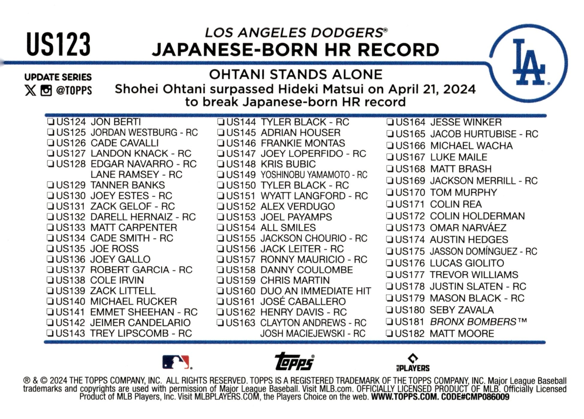 Shohei Ohani 2024 Topps Update Series Japanese Born HR Record #US123 #1 - Collector Store LLC