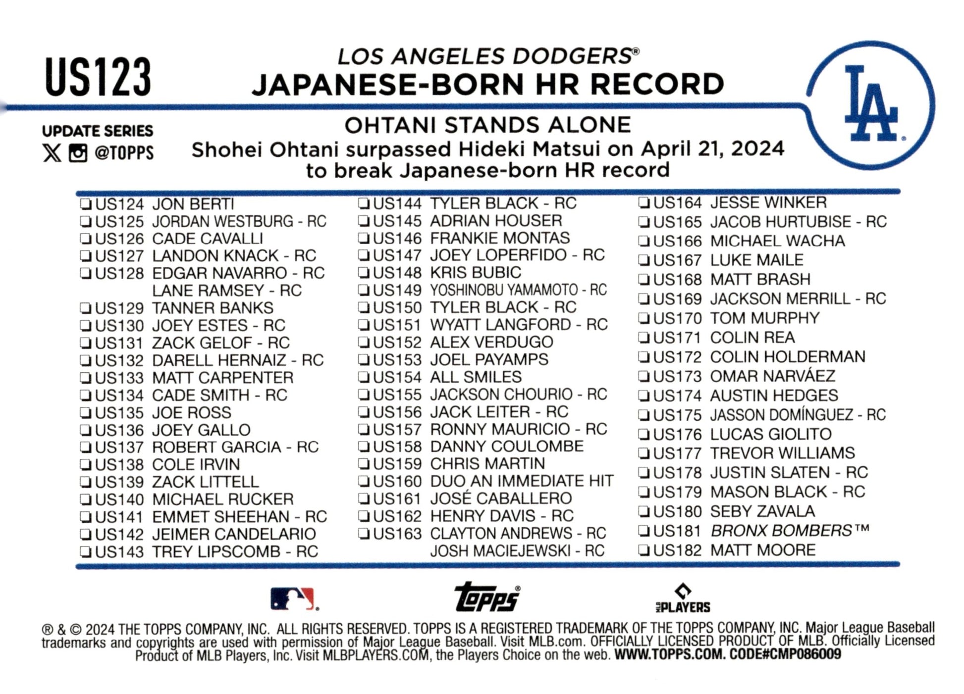 Shohei Ohani 2024 Topps Update Series Japanese Born HR Record #US123 #2 - Collector Store LLC