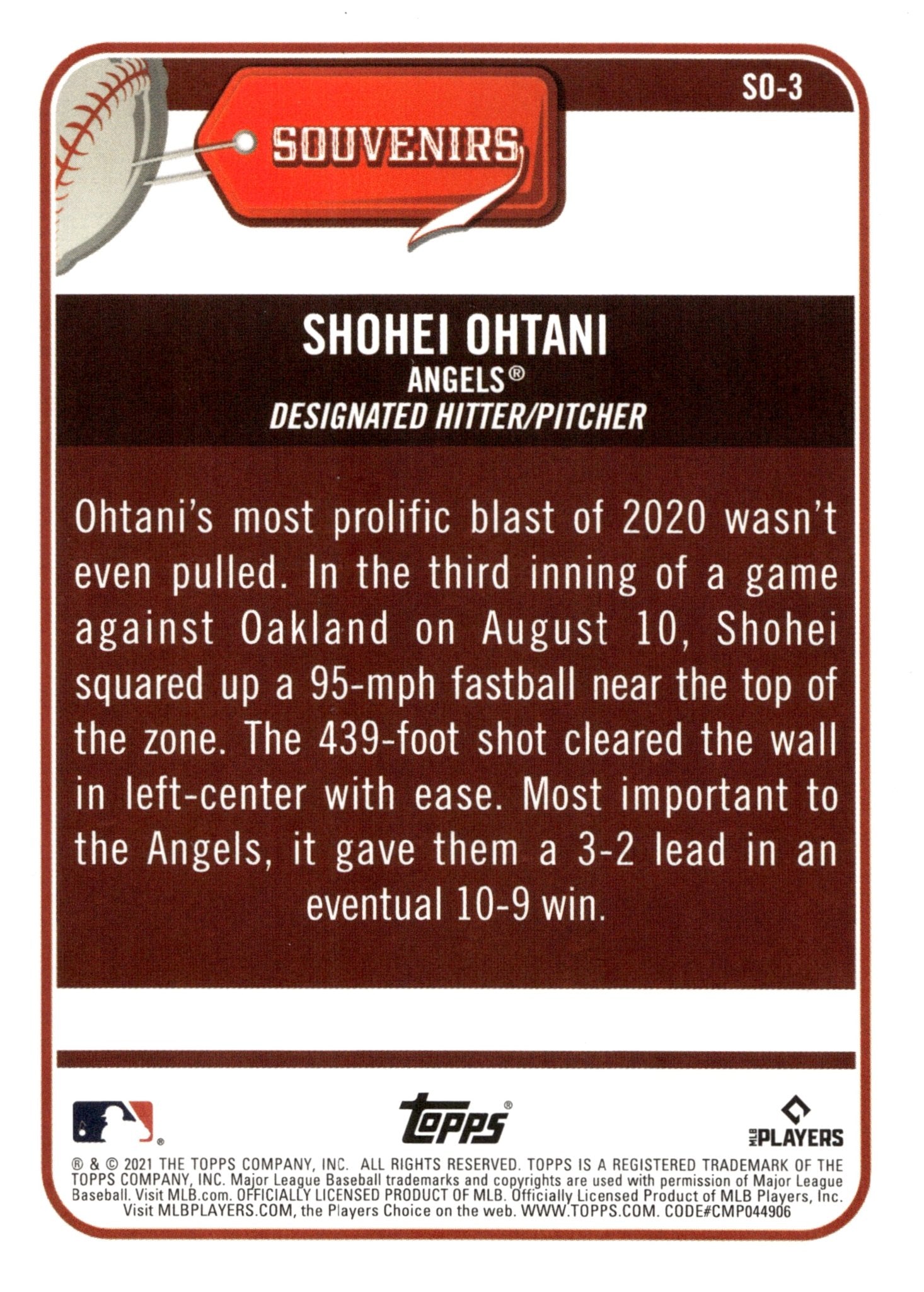 Shohei Ohtani 2021 Topps Big League Souvenirs 439ft #SO - 3 - Collector Store LLC