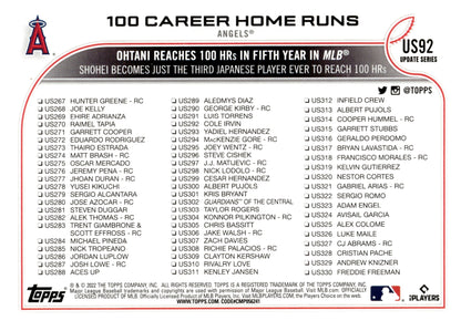 Shohei Ohtani 2022 Topps Update Series 100 Career Home Runs Foil #US92 - Collector Store LLC