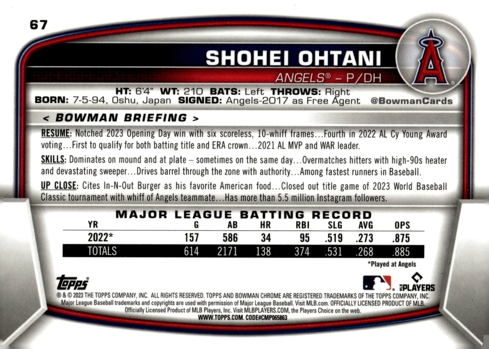 Shohei Ohtani 2023 Bowman Chrome #67 - Collector Store LLC