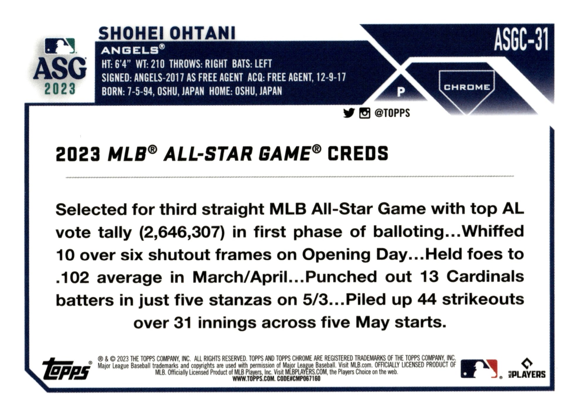 Shohei Ohtani 2023 Topps Chrome All Star Game Refractor #ASGC - 31 - Collector Store LLC