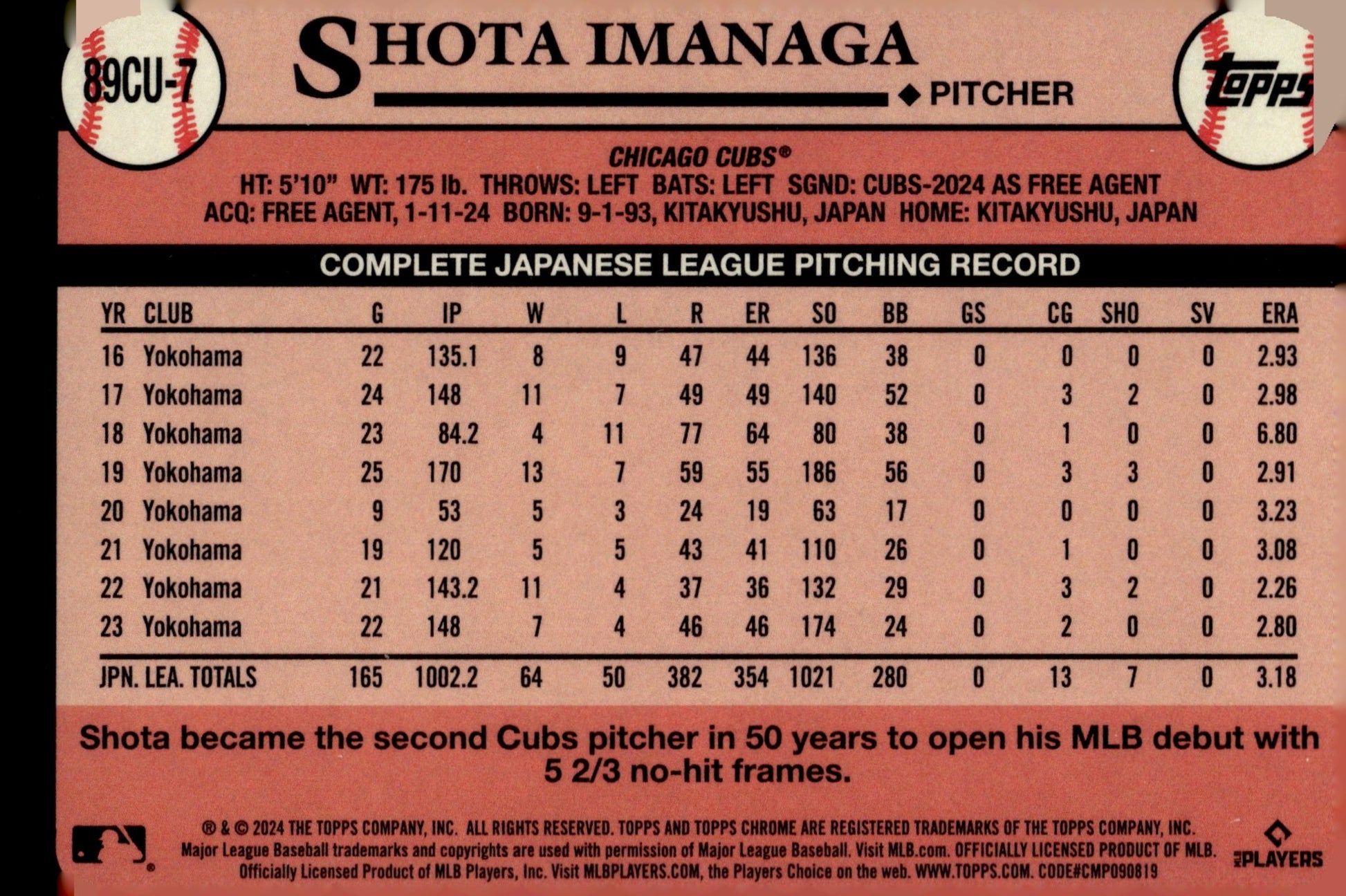 Shota Imanaga 2024 Topps Chrome 35th Anniversary Refractor RC #89CU - 7 - Collector Store LLC