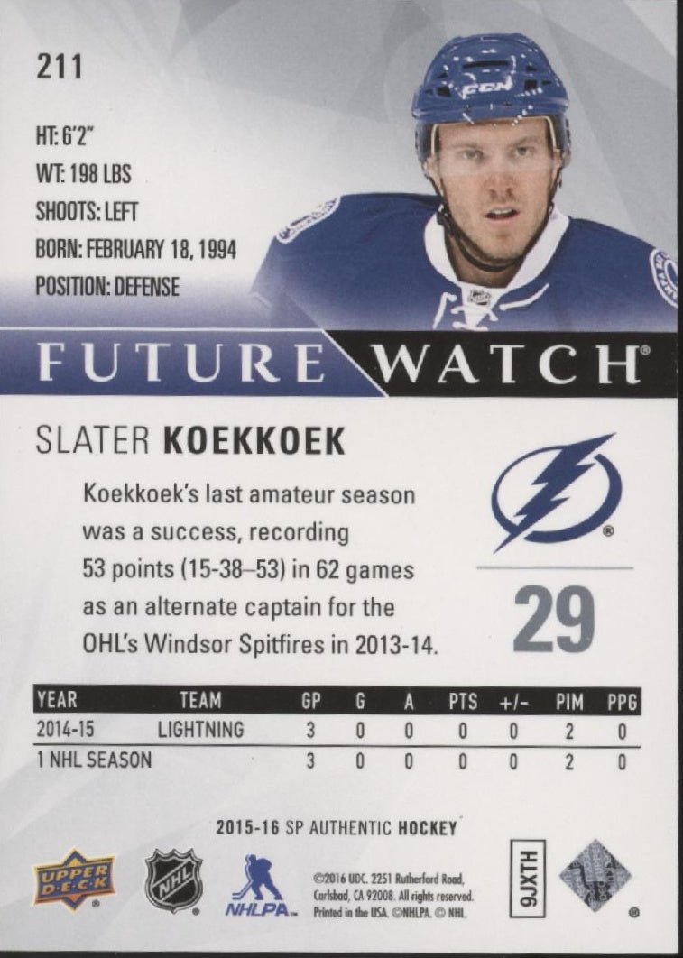 Slater Koekkoek 2015 - 16 Upper Deck SP Authentic Future Watch 197/999 211 - Collector Store LLC
