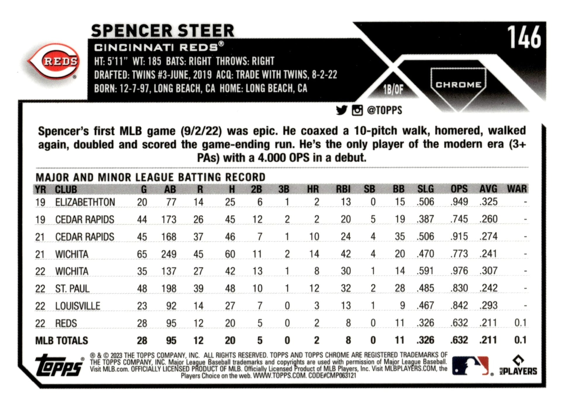 Spencer Steer 2023 Topps Chrome Pink Refractor RC #146 - Collector Store LLC