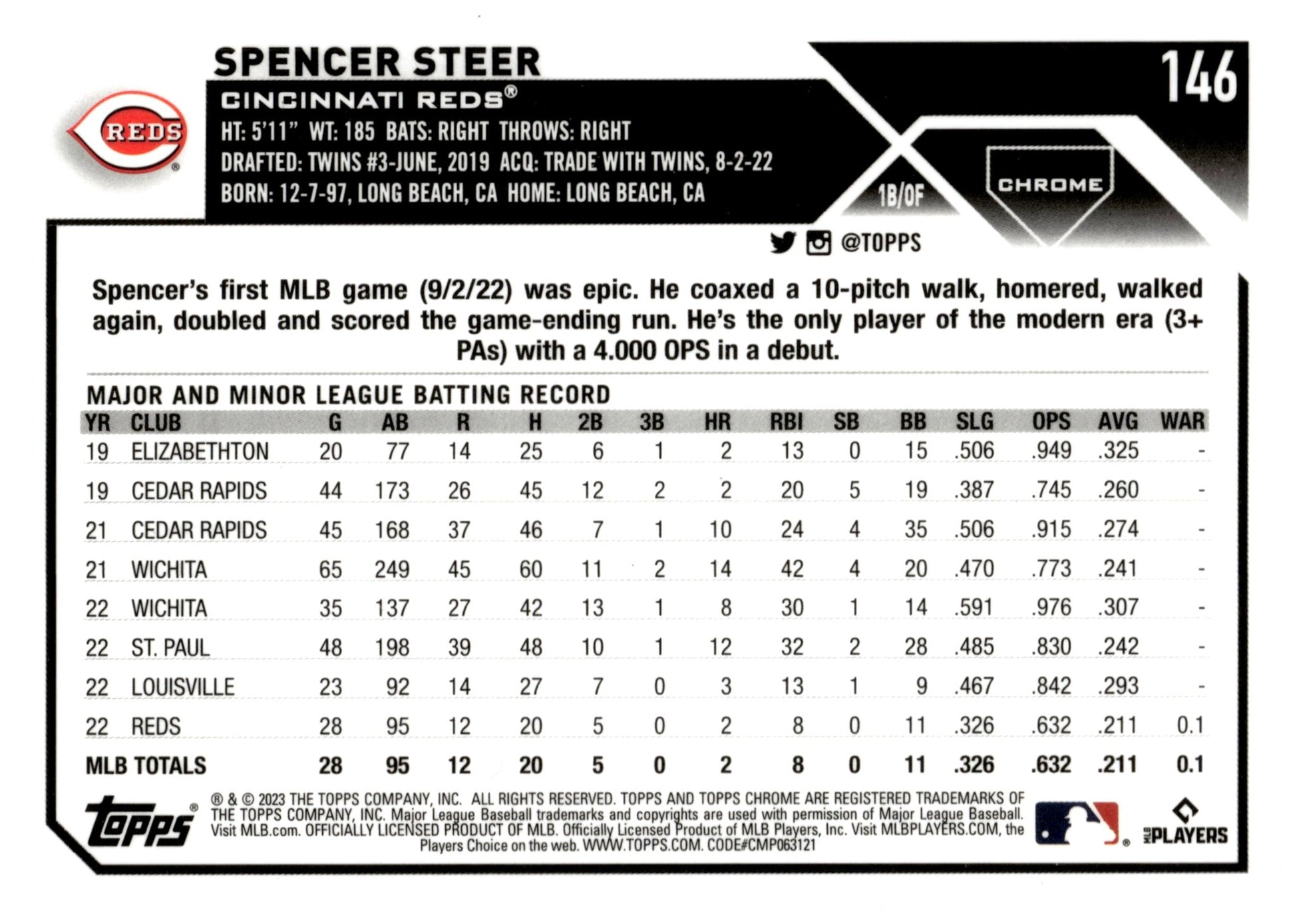 Spencer Steer 2023 Topps Chrome Xfractor Refractor #146 - Collector Store LLC