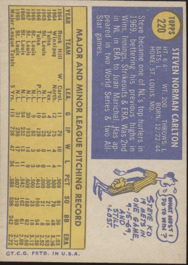 Steve Carlton 1970 Topps #220 St. Louis Cardinals EX - Collector Store LLC