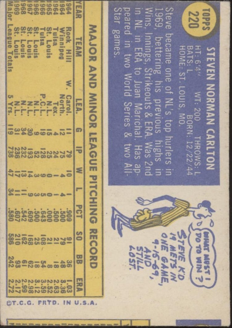 Steve Carlton 1970 Topps #220 St. Louis Cardinals VG - EX - Collector Store LLC