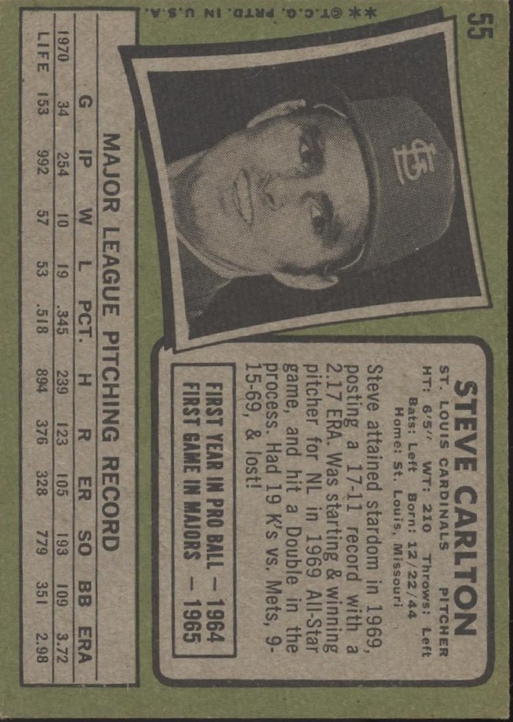 Steve Carlton 1971 Topps #55 St. Louis Cardinals VG - EX #2 - Collector Store LLC