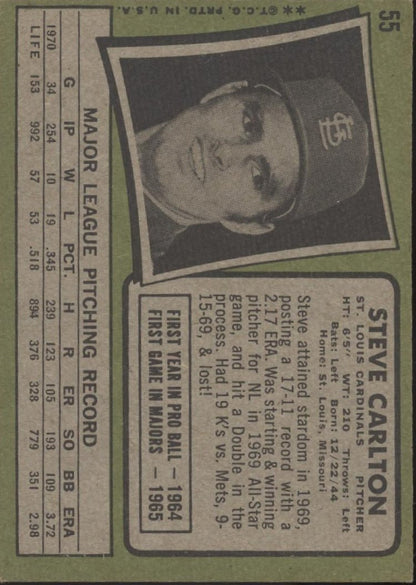 Steve Carlton 1971 Topps #55 St. Louis Cardinals VG - EX #2 - Collector Store LLC