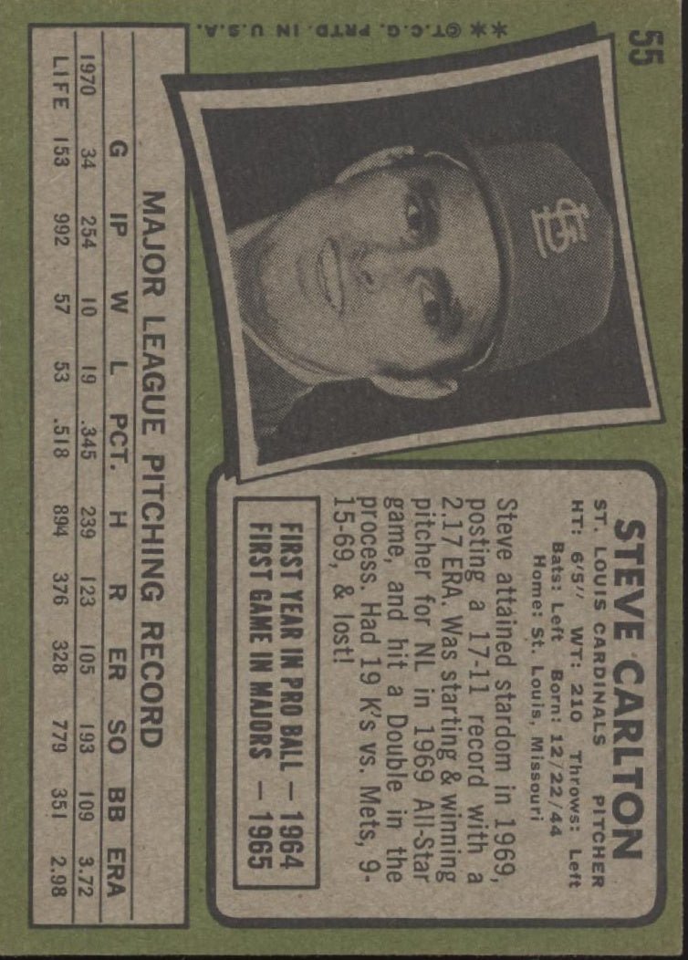 Steve Carlton 1971 Topps #55 St. Louis Cardinals VG - EX #3 - Collector Store LLC