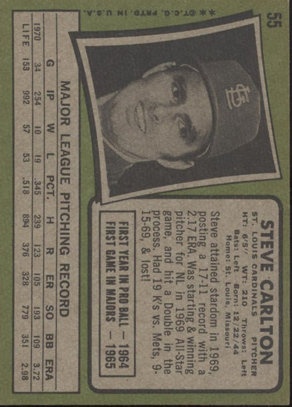 Steve Carlton 1971 Topps #55 St. Louis Cardinals VG - EX #3 - Collector Store LLC
