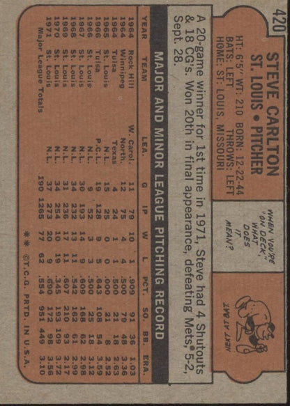 Steve Carlton 1972 Topps #420 St. Louis Cardinals EX - Collector Store LLC