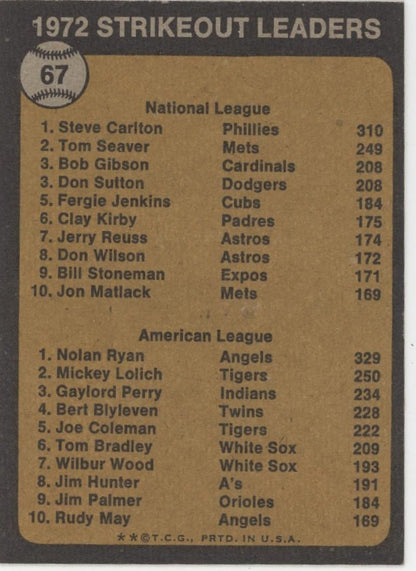 Steve Carlton / Nolan Ryan 1973 Topps Strikeout Leaders #67 EX - Collector Store LLC