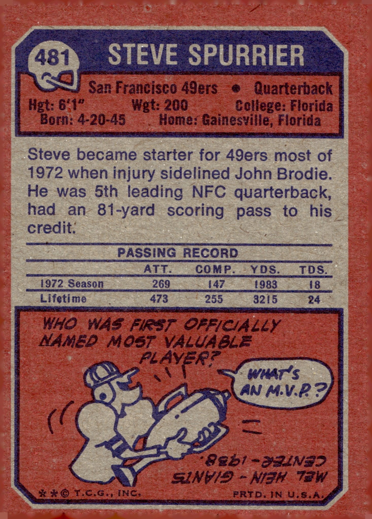 Steve Spurrier 1973 Topps #481 San Francisco 49ers VG - Collector Store LLC