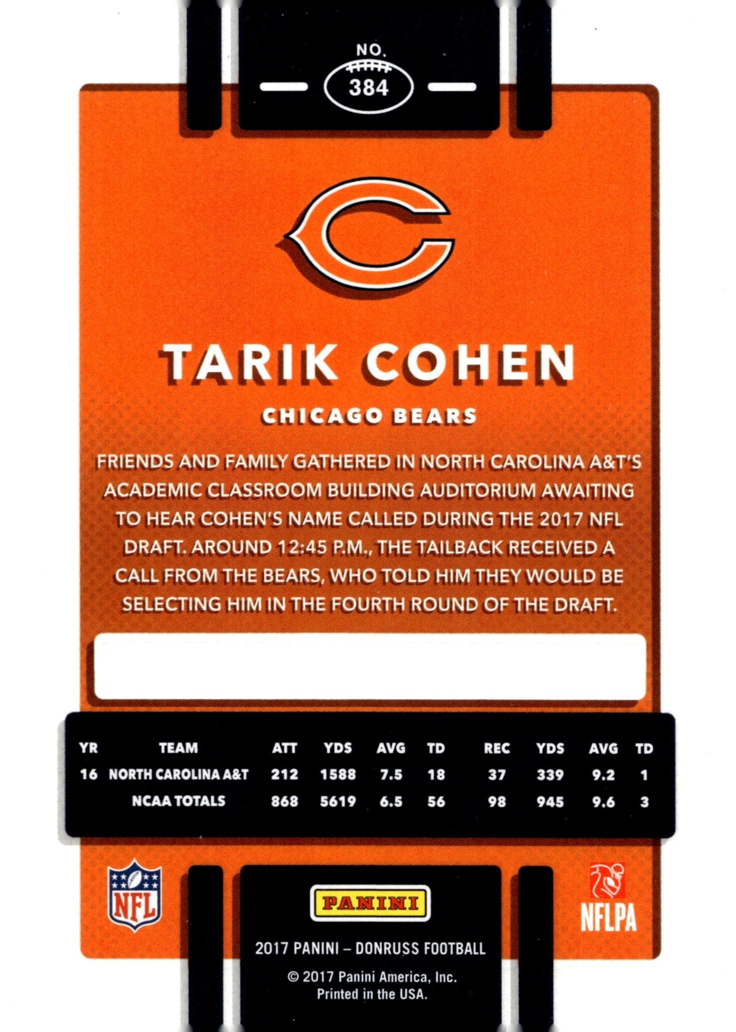 Tarik Cohen 2017 Panini Donruss RC #384 - Collector Store LLC