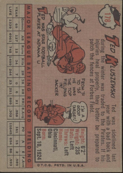 Ted Kluszewski 1958 Topps #178 Pittsburgh Pirates VG - EX - Collector Store LLC