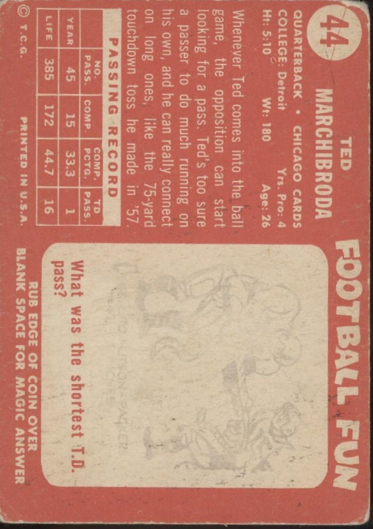 Ted Marchibroda 1958 Topps #44 Chicago Cardinals VG - Collector Store LLC