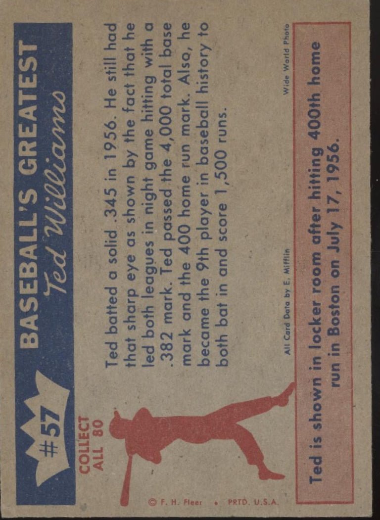 Ted Reaches 400th Homer 1959 Fleer Ted Williams 57 Boston Red Sox VG - EX - Collector Store LLC