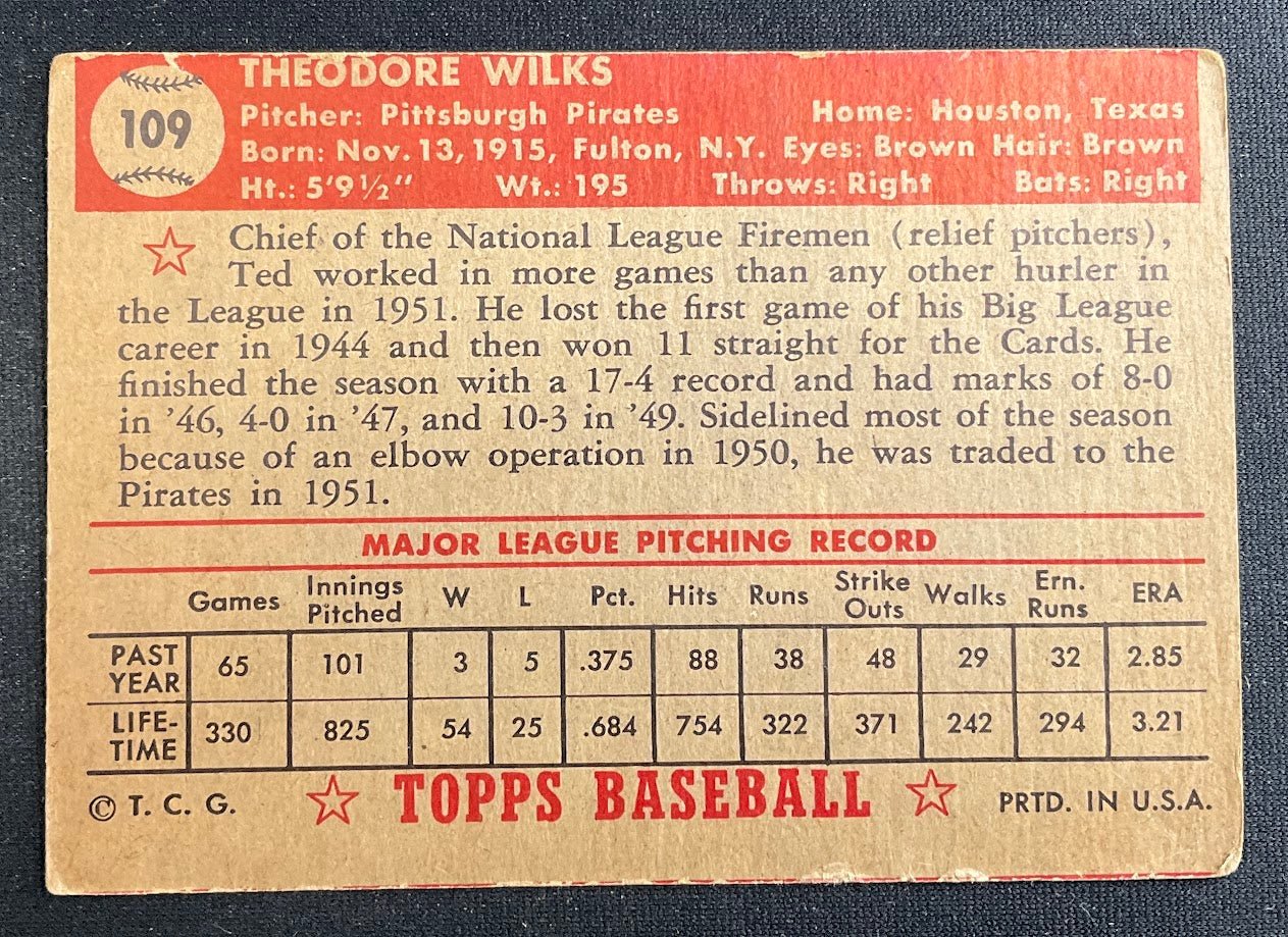 Ted Wilks 1952 Topps #109 Pittsburgh Pirates GD - Collector Store LLC