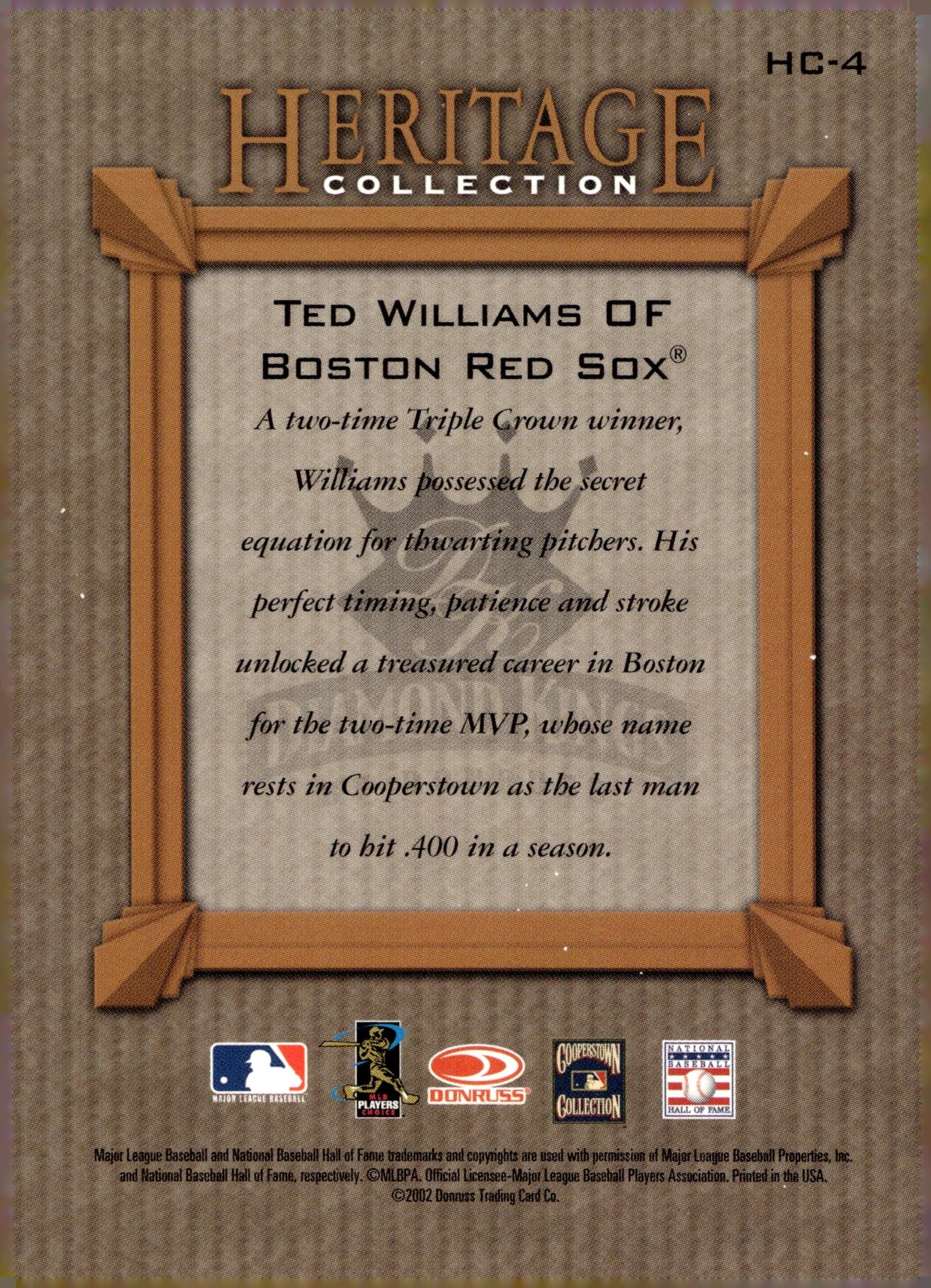 Ted Williams 2002 Donruss Heritage Collection Diamond Kings #HC - 4 - Collector Store LLC