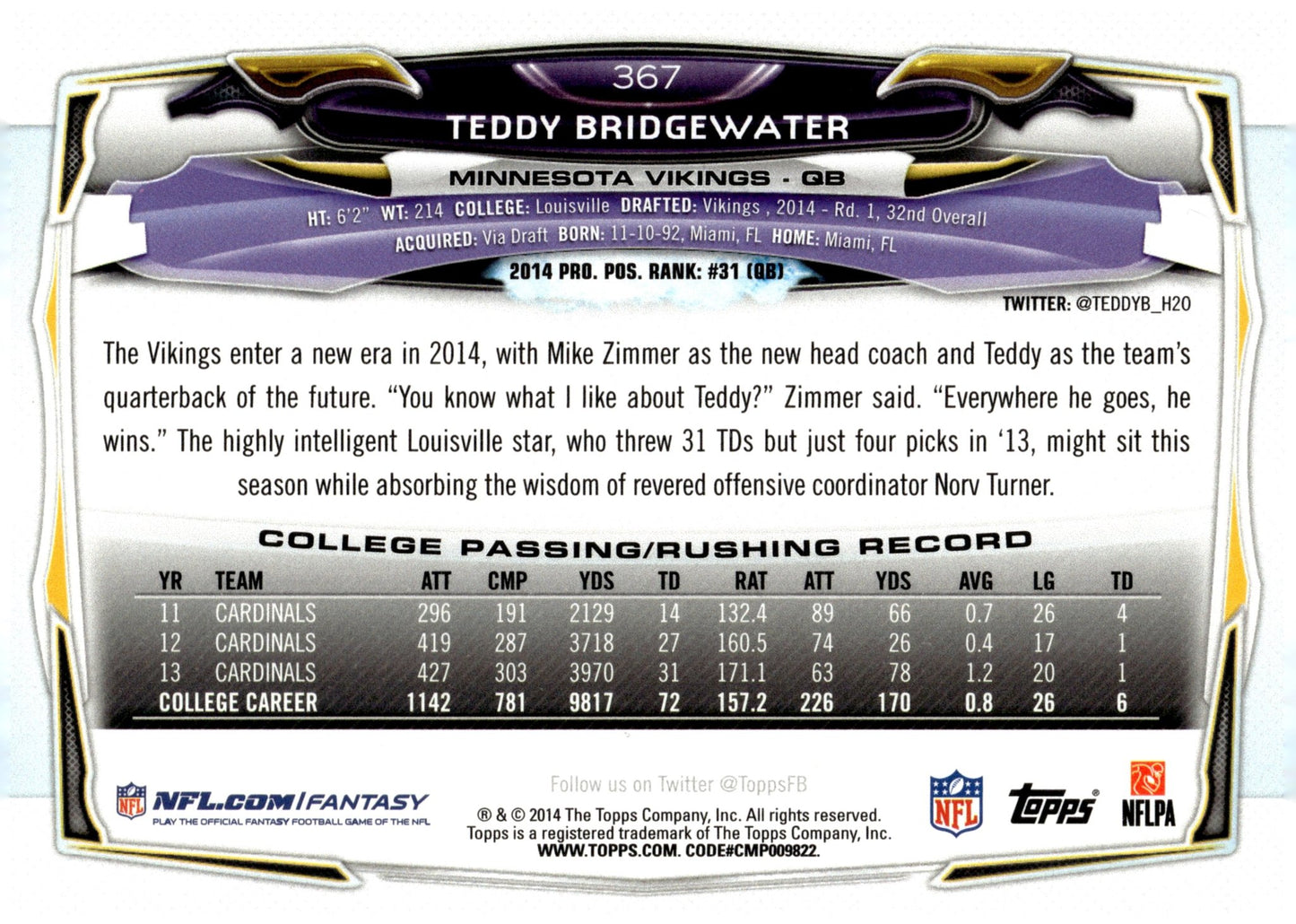 Teddy Bridgewater 2014 Topps RC #367 #2 - Collector Store LLC