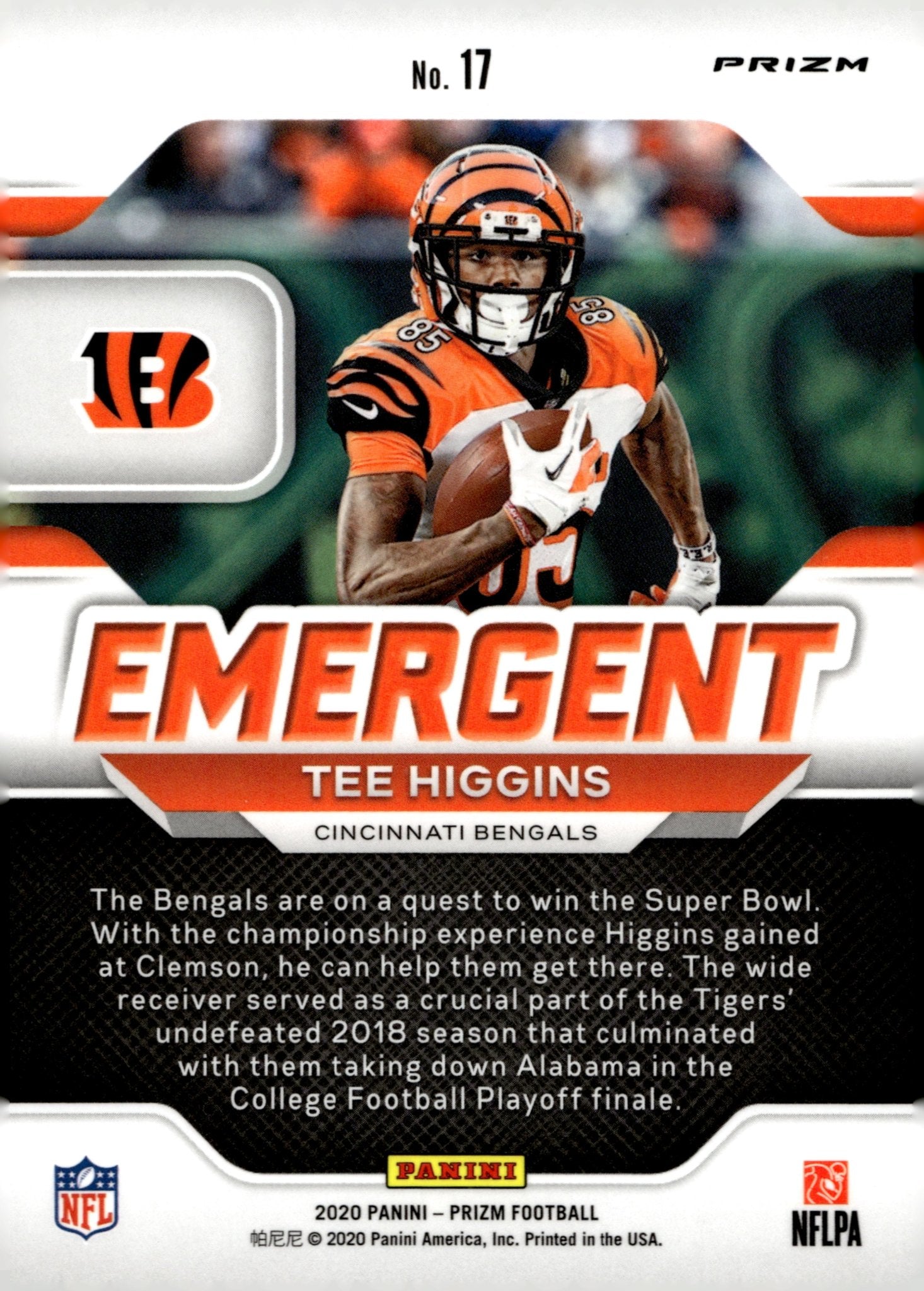 Tee Higgins 2020 Panini Prizm Emergent No Huddle Prizm RC #17 - Collector Store LLC