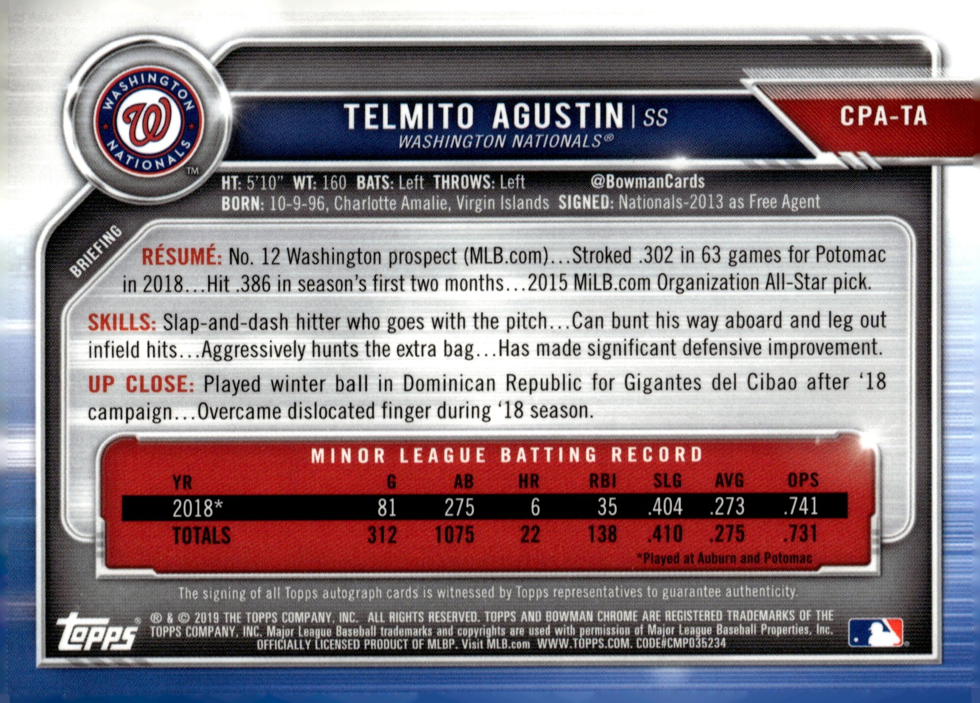 Telmito Agustin 2019 Bowman Chrome Auto #CPA - TA - Collector Store LLC