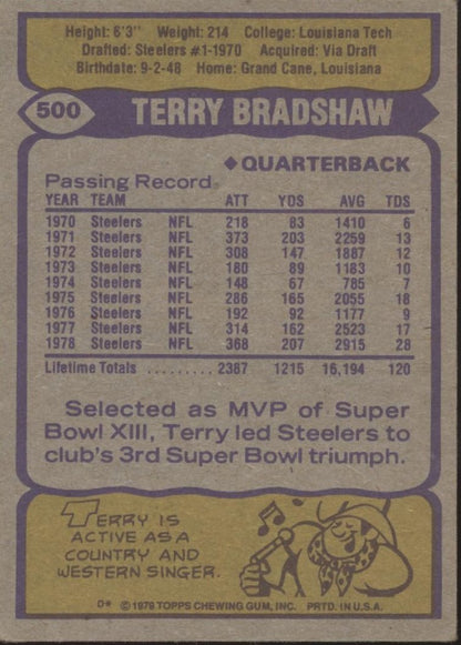Terry Bradshaw 1979 Topps #500 Pittsburgh Steelers VG - Collector Store LLC