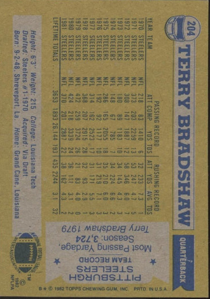 Terry Bradshaw 1982 Topps #204 Pittsburgh Steelers #2 - Collector Store LLC