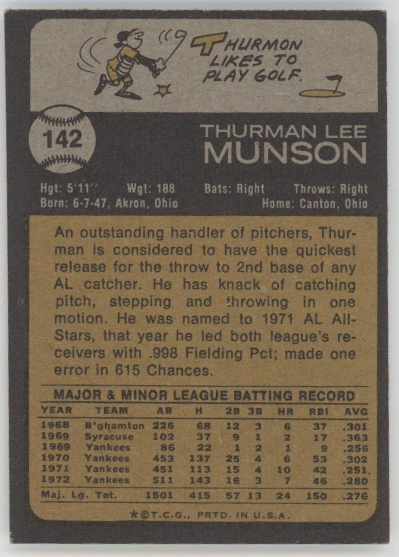 Thurman Munson 1973 Topps 142 New York Yankees EX 2 - Collector Store LLC