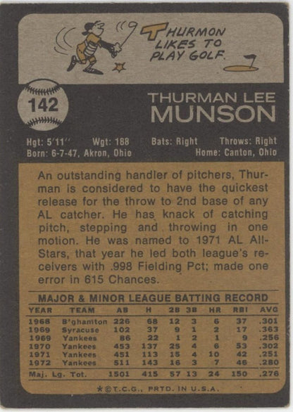 Thurman Munson 1973 Topps #142 New York Yankees VG - Collector Store LLC