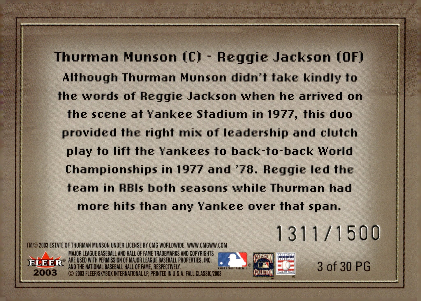 Thurman Munson / Reggie Jackson 2003 Fleer Fall Classic Postseason Glory /1500 - Collector Store LLC