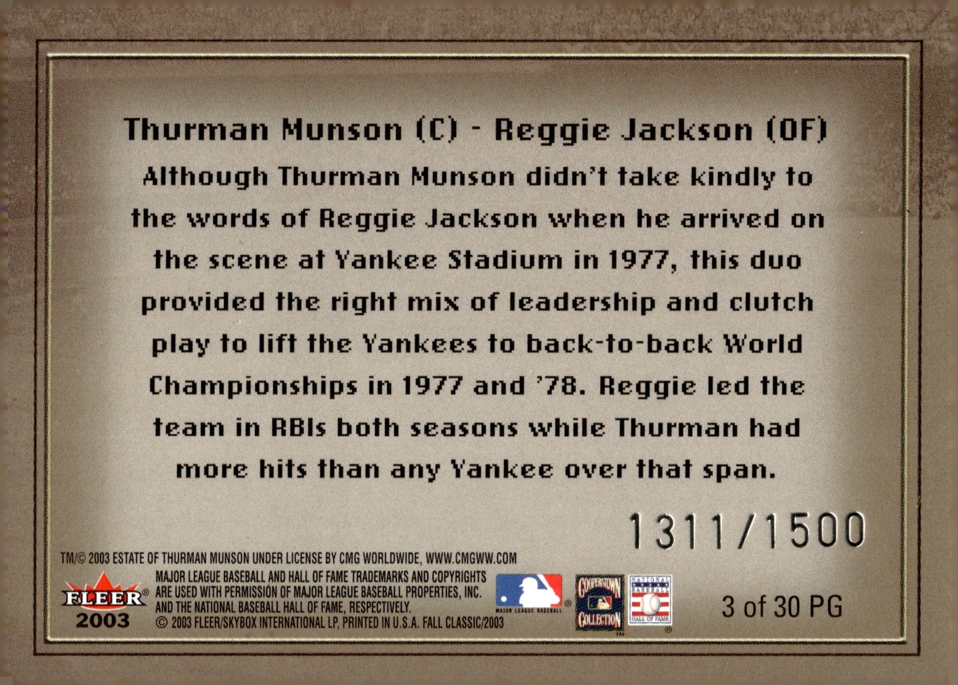 Thurman Munson / Reggie Jackson 2003 Fleer Fall Classic Postseason Glory /1500 - Collector Store LLC