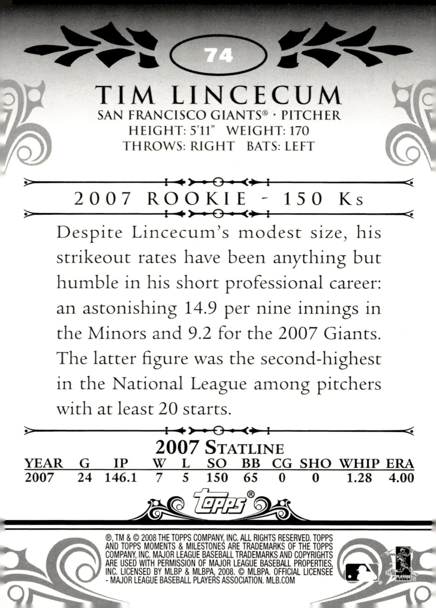 Tim Lincecum 2008 Topps Moments & Milestones 106 Strikeouts #74 - Collector Store LLC
