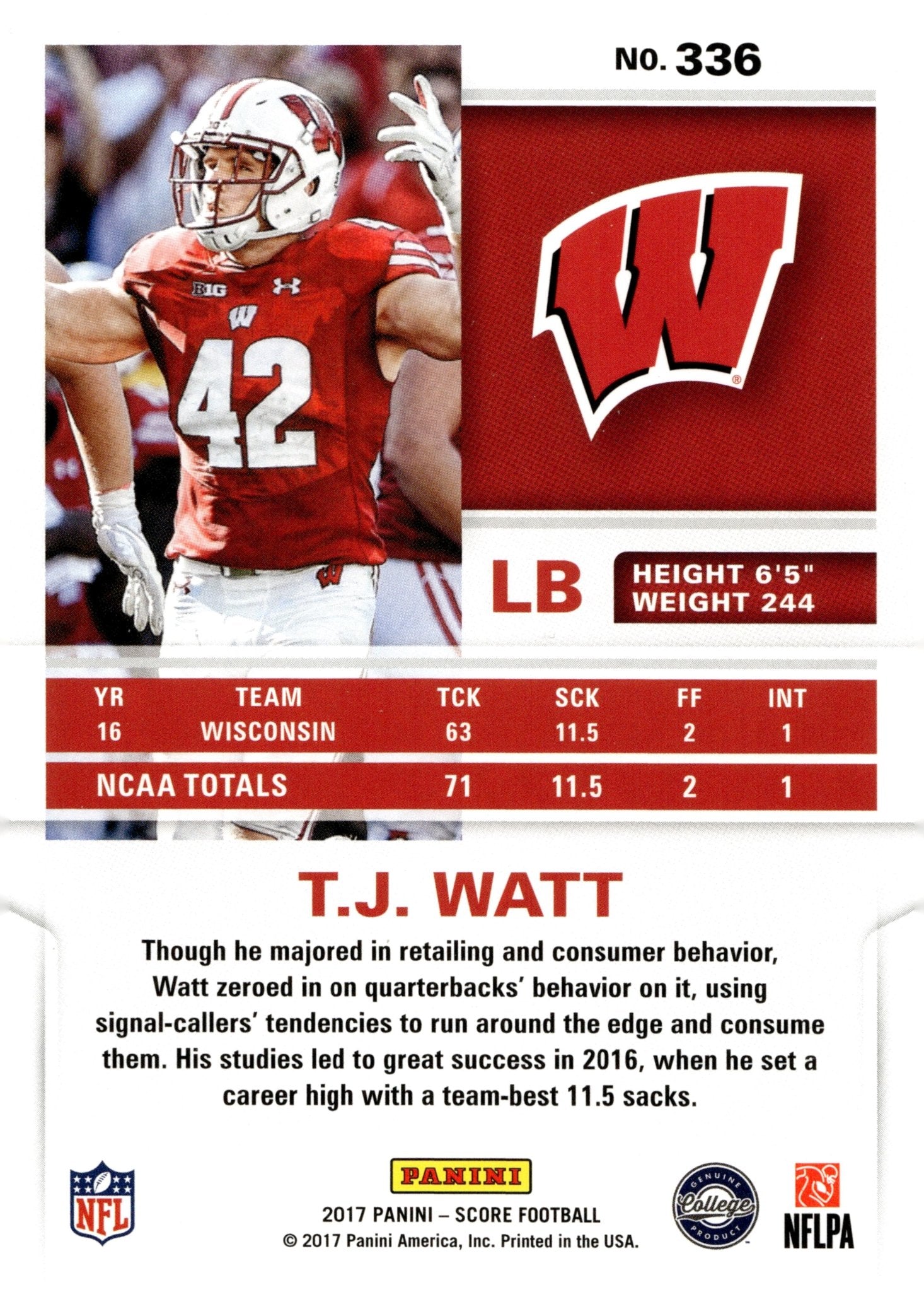 TJ Watt 2017 Panini Score RC #336 - Collector Store LLC