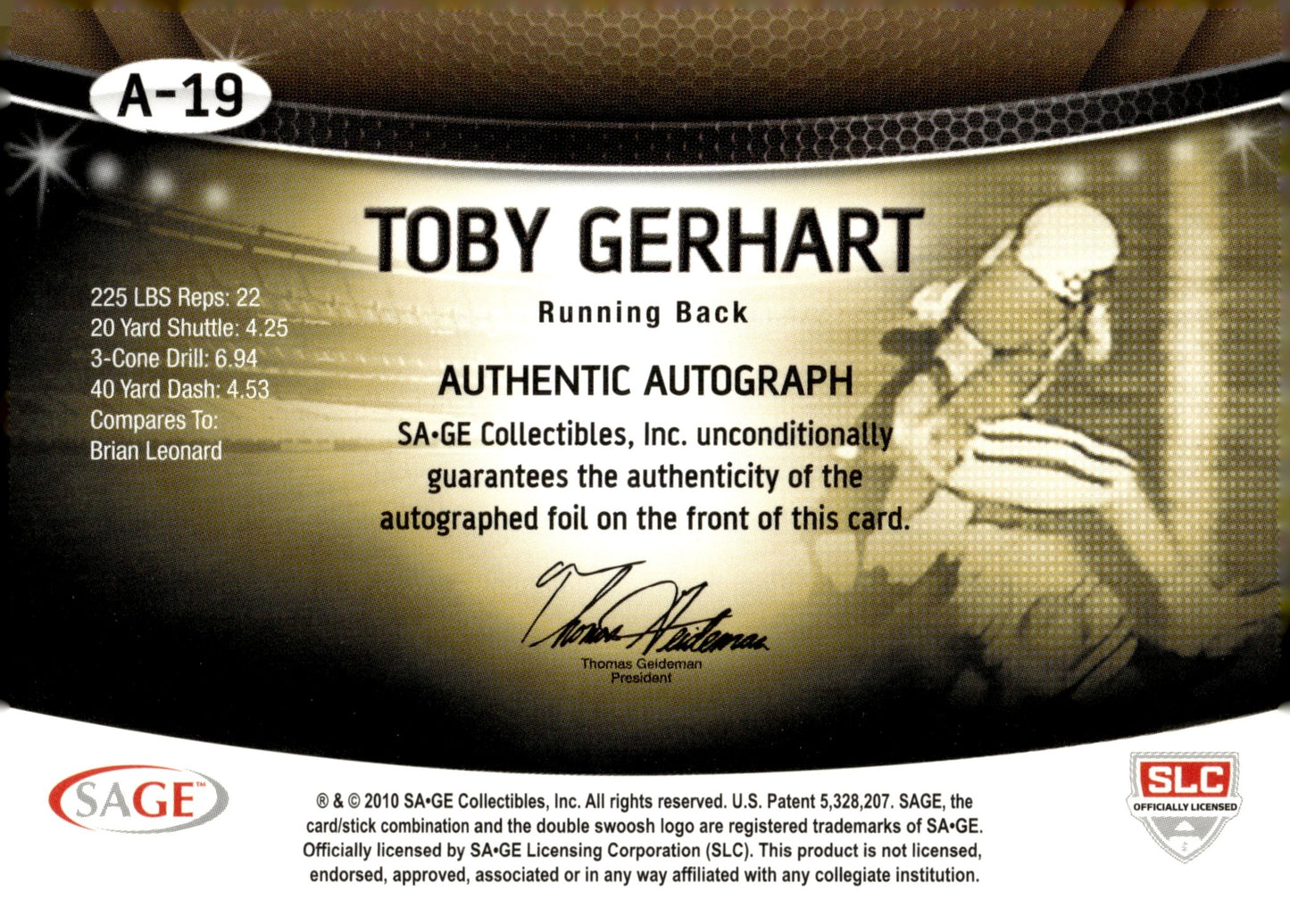 Toby Gerhart 2010 Sage Auto 49/200 #A - 19 - Collector Store LLC