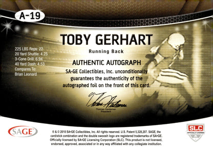 Toby Gerhart 2010 Sage Auto 49/200 #A - 19 - Collector Store LLC