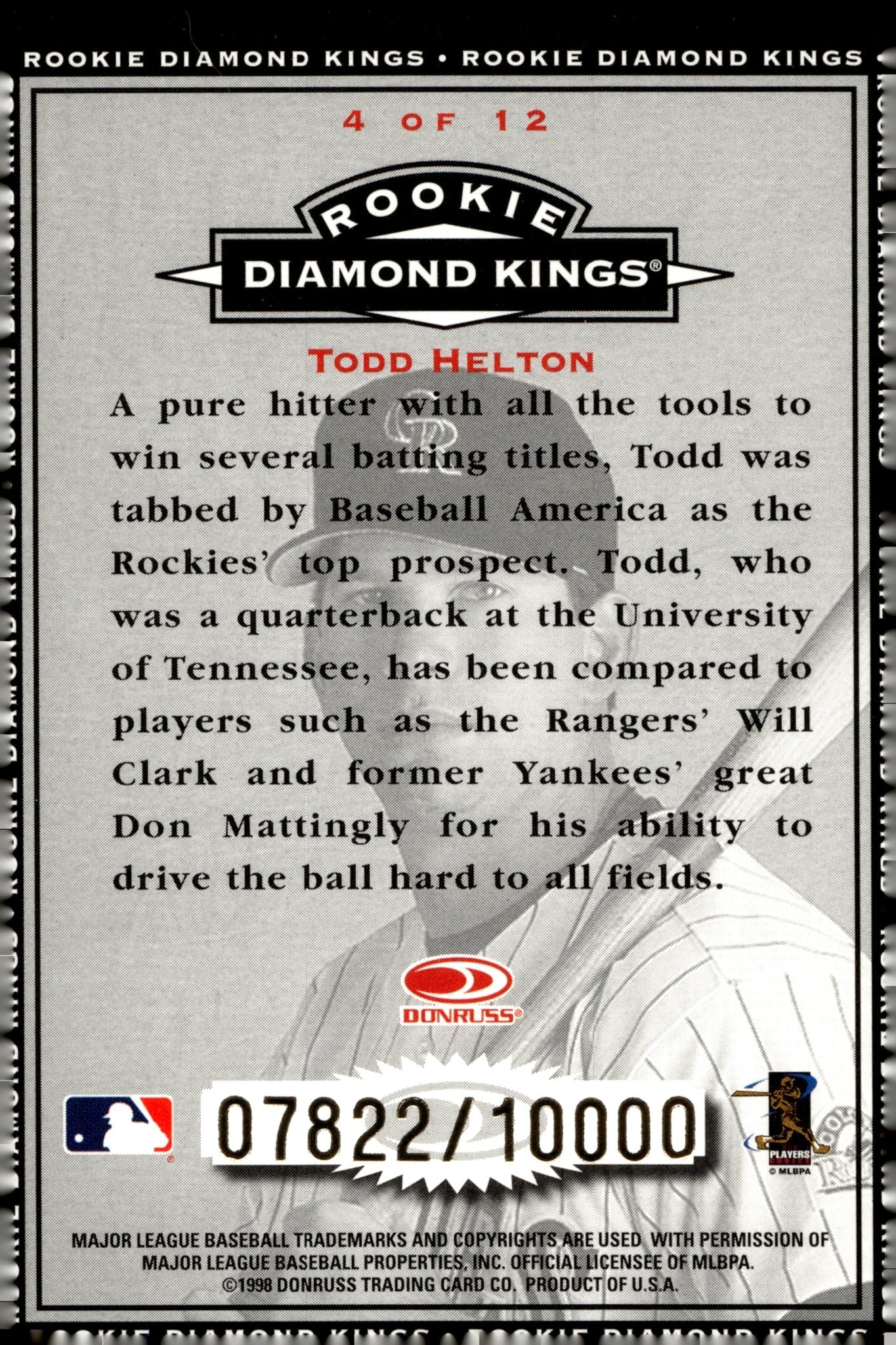 Todd Helton 1998 Donruss Diamond Kings RC 07822/10000 #4 - Collector Store LLC